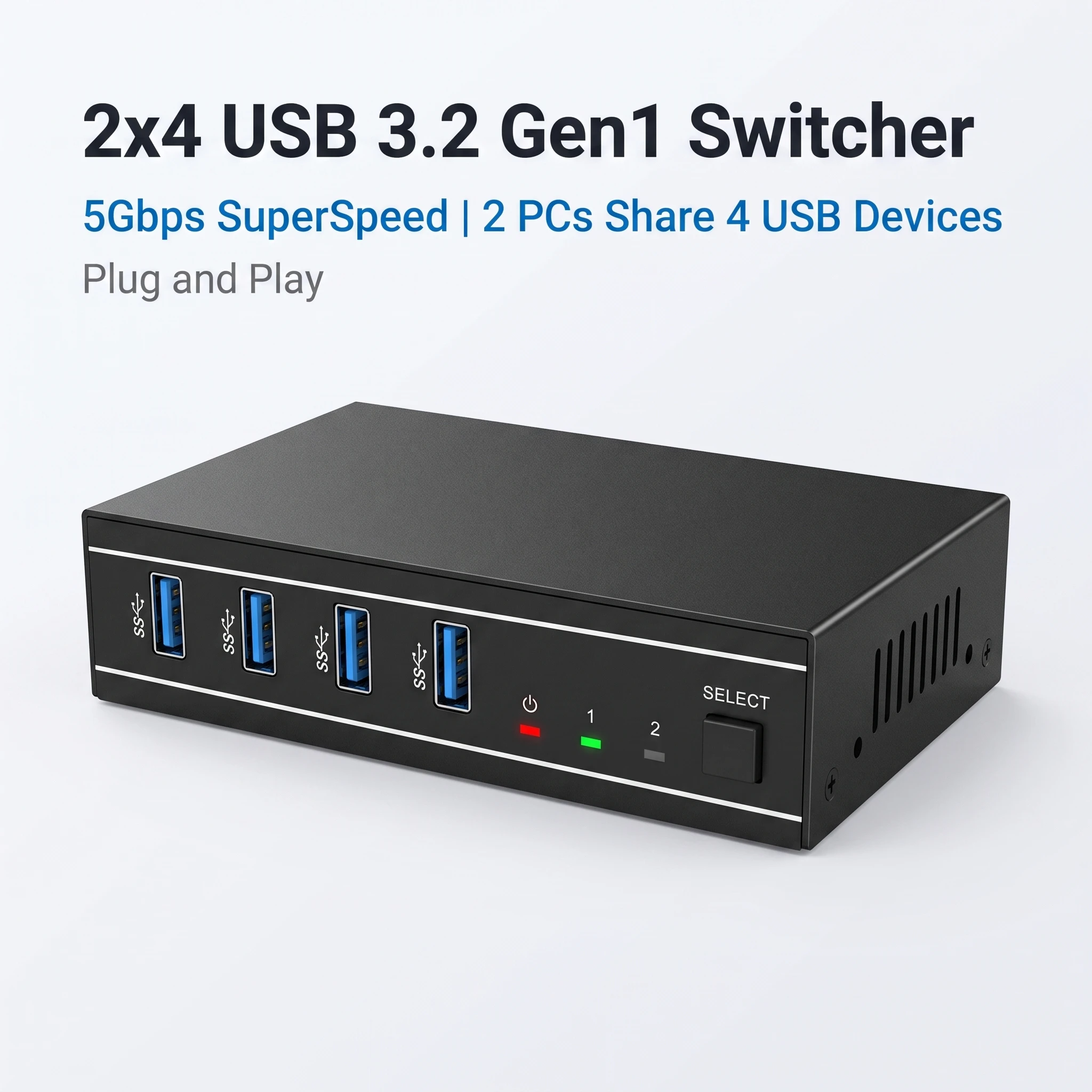 2x4 USB 3.2 Gen1 Switcher 5Gbps 2PC Share 4 USB‑A Devices RS‑232 Control Auto‑Switch Power‑Off Memory Metal Enclosure