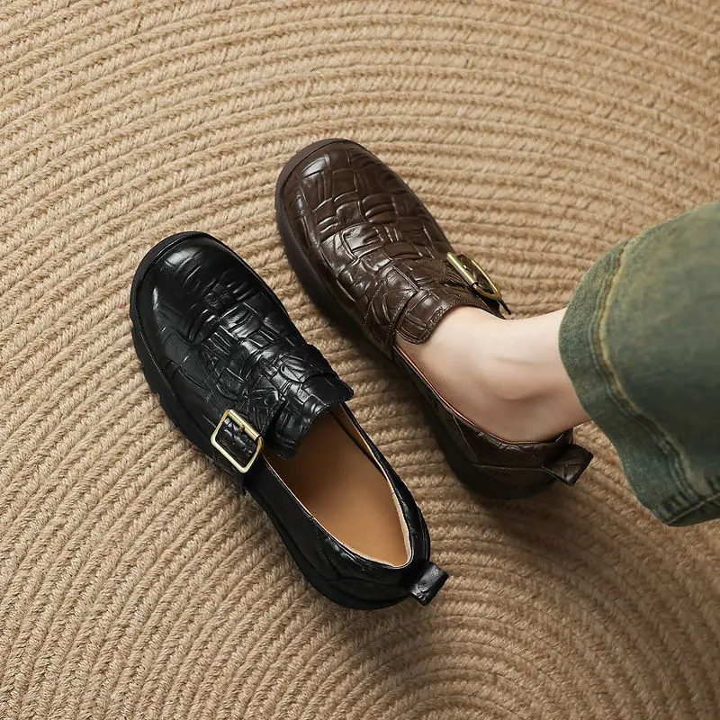 2026 new spring autumn women pumps natural leather 22-25cm cowhide+pigskin round toe wedges women shoes fashion platform loafers