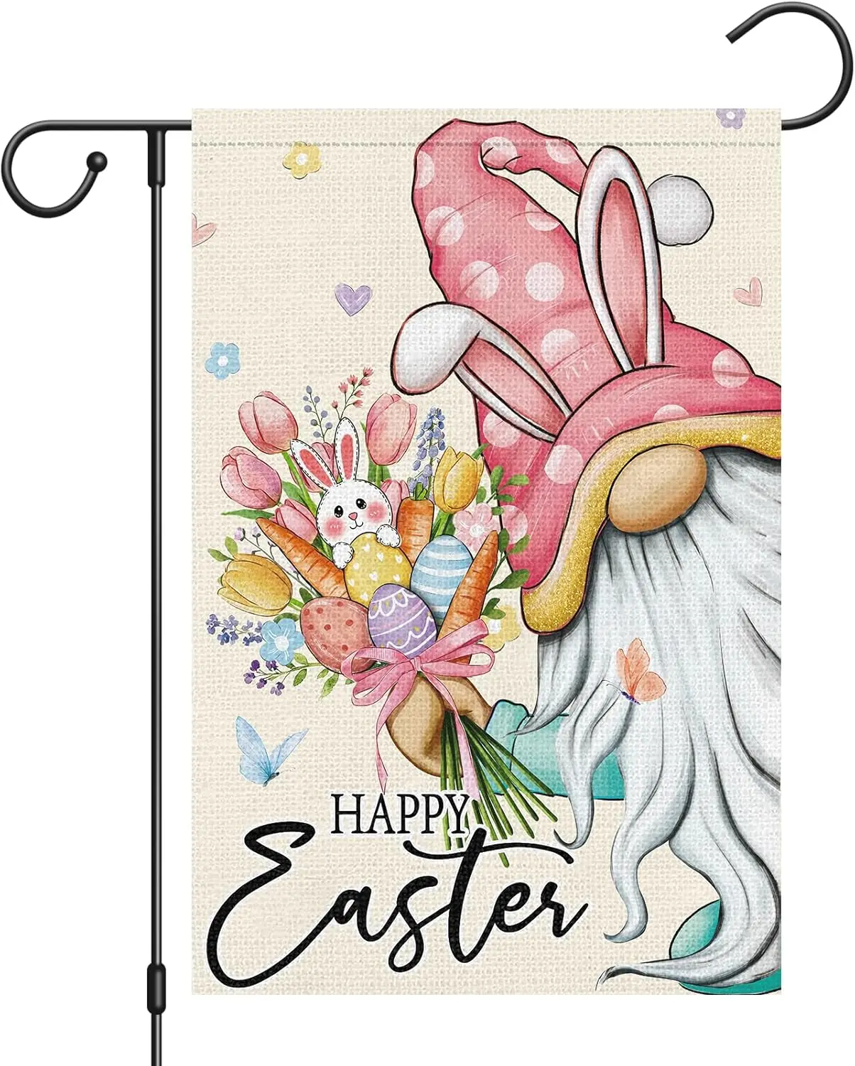 Heyfibro Happy Easter Bunny Gnome Garden Flag 12x18 Double Sided Burlap, Cute Rabbit & Egg Floral Outdoor Yard Banner fo FFL IIC