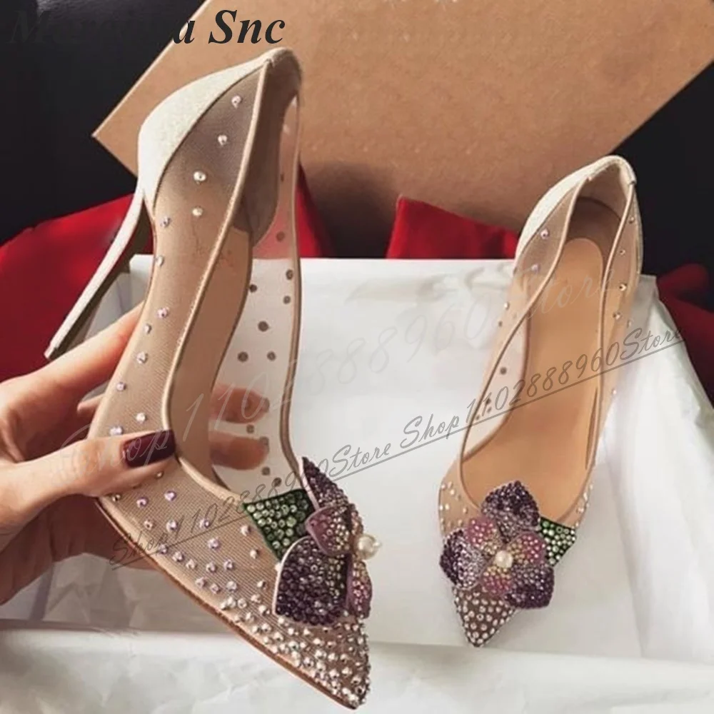 

Mixed Air Mesh Splicing Crystal Floral Pumps Thin High Heel Women Shoes Slip On Pointed Toe 2024 Fashion Zapatos Para Mujere