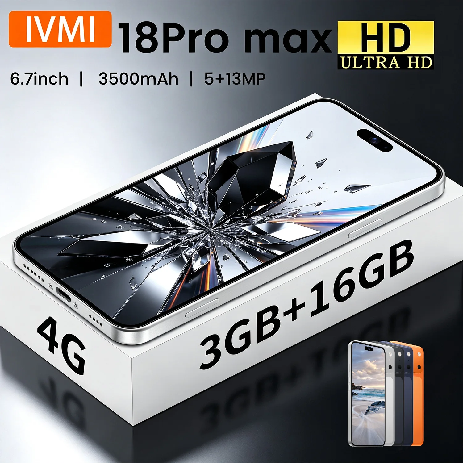 IVMI Global Vision 18Pro Max Smartphone Android 3GB RAM 16GB ROM 5+13MP Face ID 4G Network Google Play Store Mobile Phones