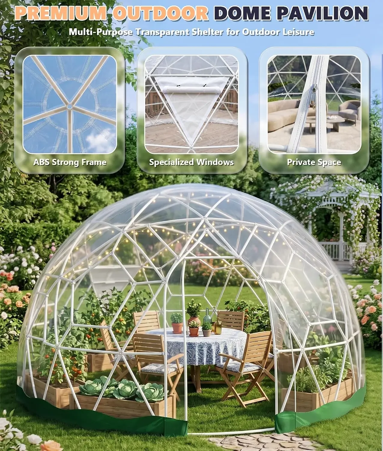 12FT Garden Dome Tent, Geodesic Dome Greenhouse with PVC Clear Cover, Waterproof Garden Bubble Dome Tent House with, Customized