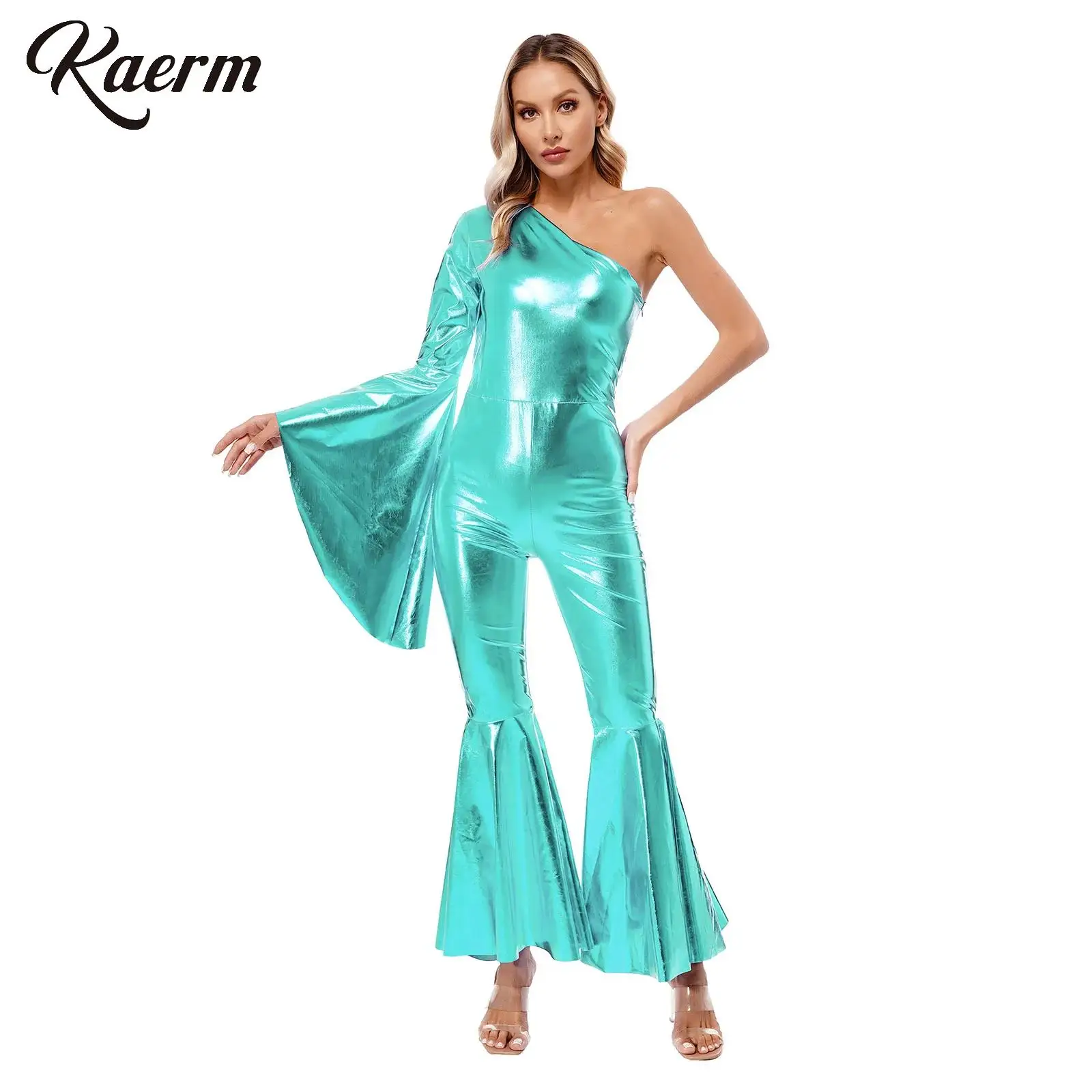 

Womens Cosplay Costumes Jumpsuits Metallic Shiny Dance Bell-Bottom One Shoulder Flare Sleeve Bodysuit for Cheerleading Dance