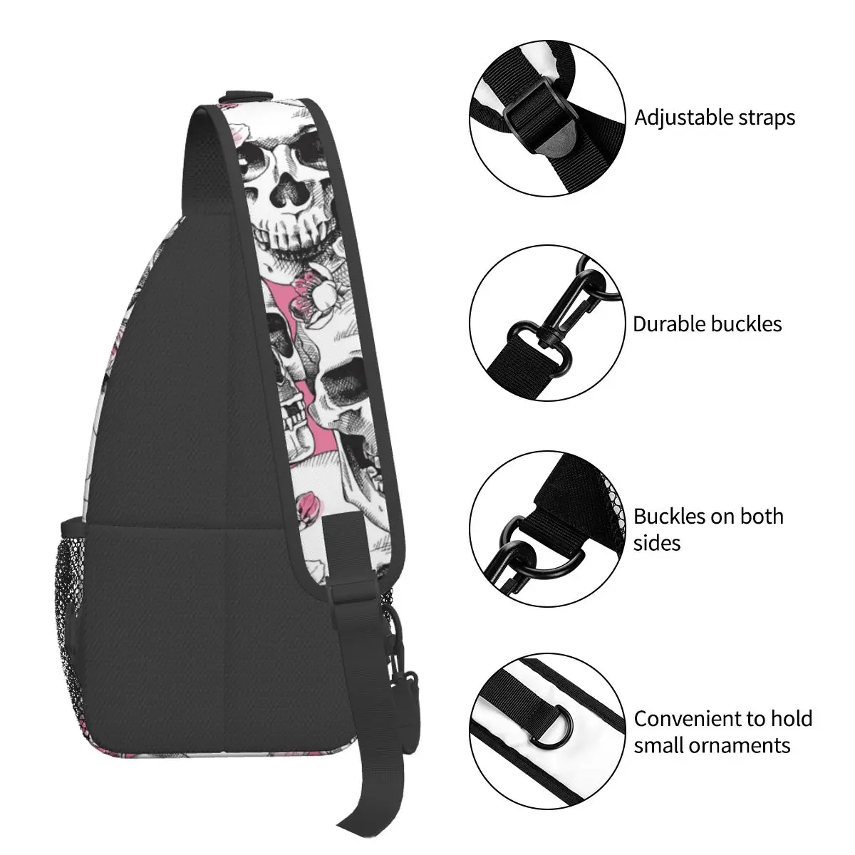 Floral Skull Sling Bag Chest Crossbody Shoulder Sling Backpack Outdoor Hiking Daypacks Pink Cherry Printed Bookbag