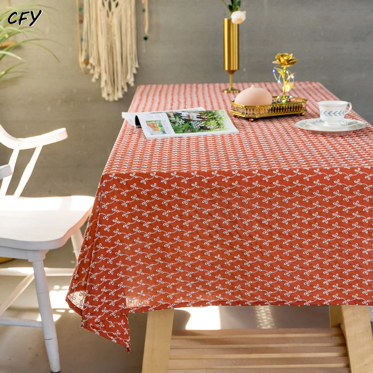 American Orange Embroidered Flower Rectangular Tablecloth Tea Table Pad Meal Cloth Photo Background Cloth