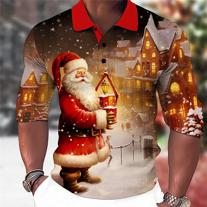 All Over Print Christmas Santa Claus Snowflake Button Up Polos Shirts For Men Casual Long Sleeve Turndown Polo Shirts Clothes