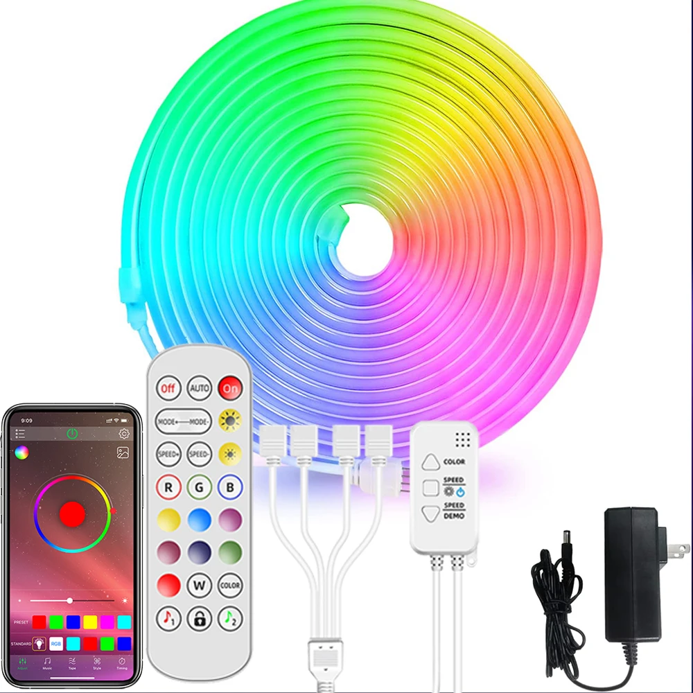 

Bluetooth LED Neon Lights with Music Sync 10m/32.8ft RGB LED Strip Lights 12V Strips LED Neon For Home Bedroom Gaming