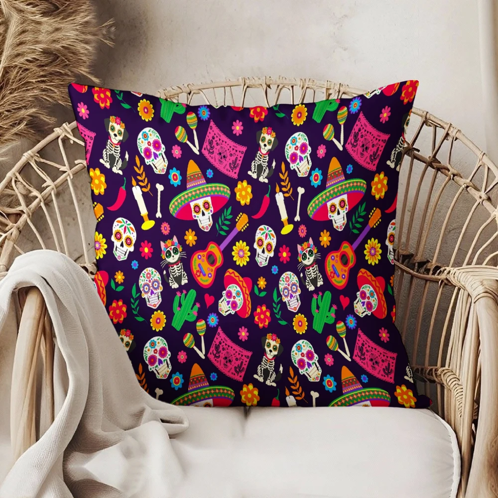 Square Throw Pillow Case Dark Purple Mexican Day Of The Dead Sugar Skull Sombrero Guitar Cactus Floral Print Decorative Cushion