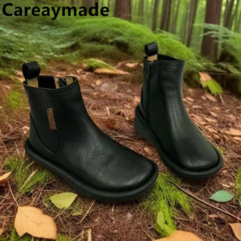 Careaymade-Genuine Leather wide head warm women's boots soft leather side zipper flexible women's short boots single Spring fat