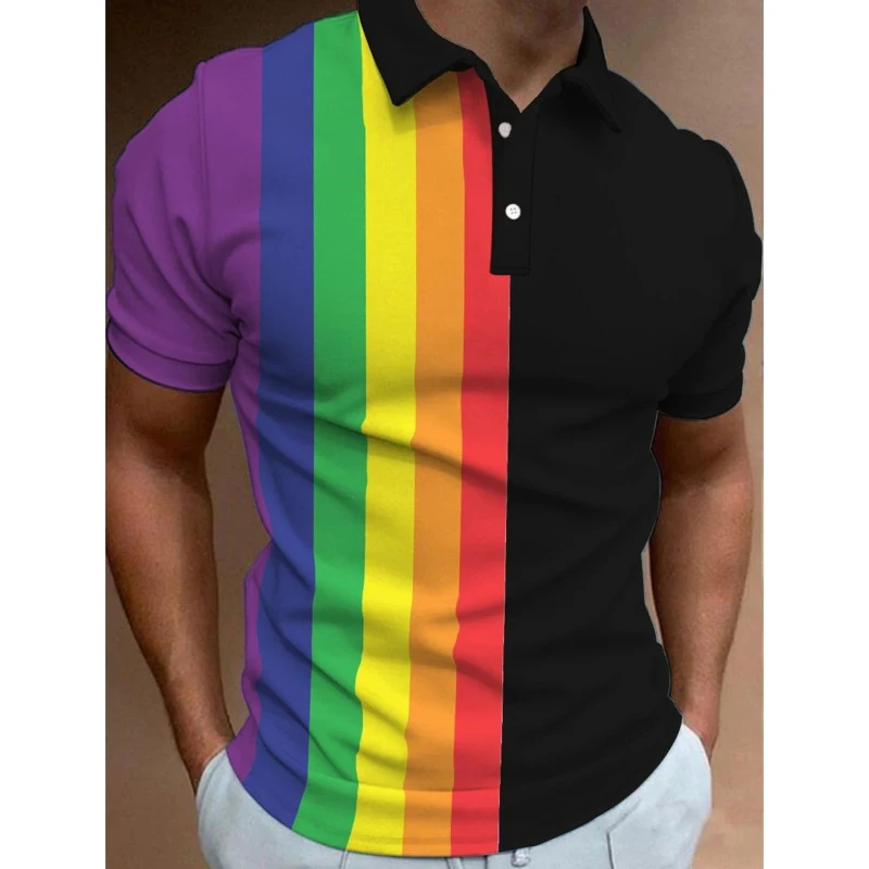 3D Color Rainbow Stripe Print Polo T Shirt For Men Fashion Lapel Short Sleeve Shirts Oversized Casual Golf Blouse Buttons Tops