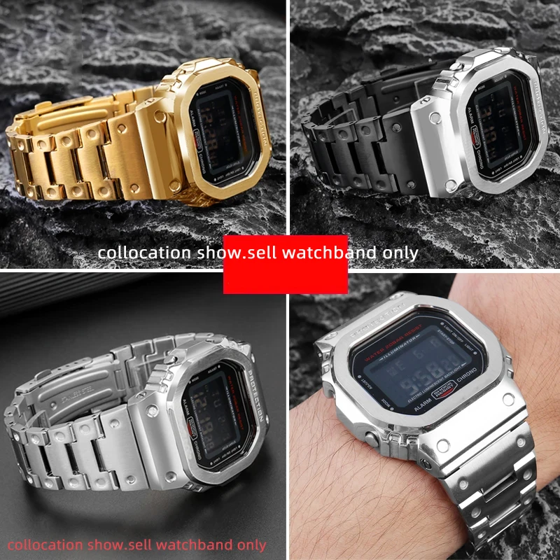 Men\'s Golden black Metal Watch Strap 16mm For Casio G-SHOCK GM-5600 DW5600 GW-M5610 metal Stainless steel watchband Bracelet