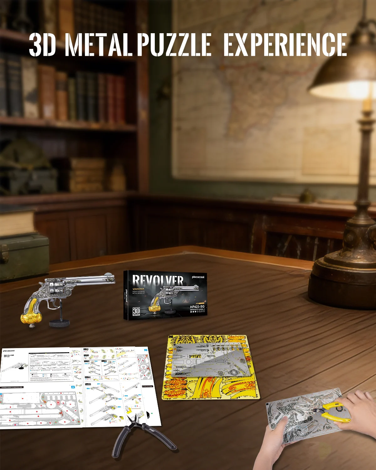 Piececool 3D Metal Model Kits Revolver 3D Metal Puzzle for Adult Jigsaw Set DIY Brain Teaser Best Gifts for Birthday