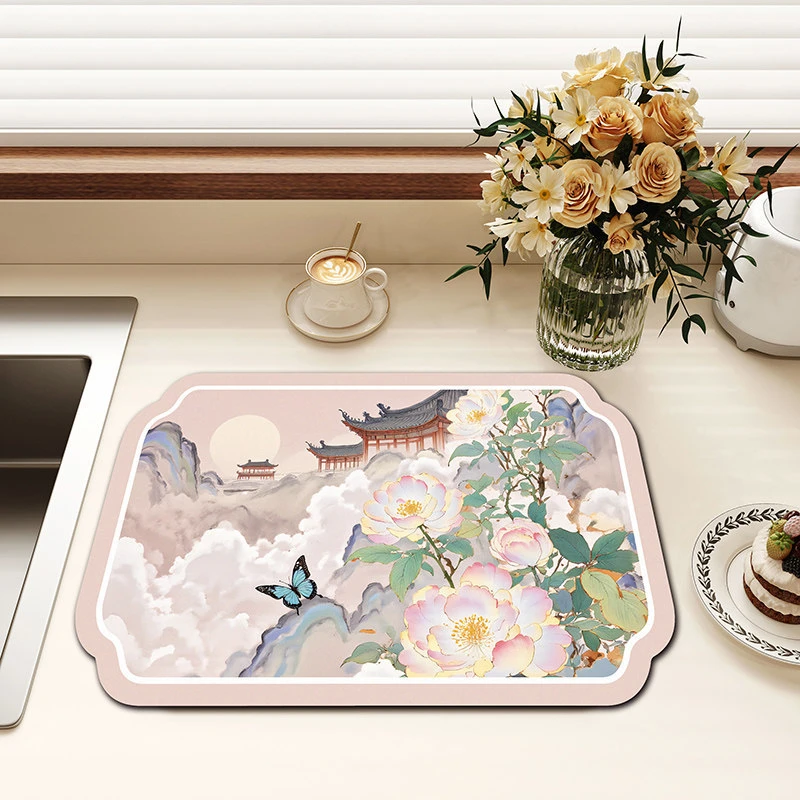 VIKAMA Kitchen Drain Mat Chinese Style Mountain Pavilion Peony Butterfly Moon Non Slip Absorbent Washable Easy Clean Waterproof
