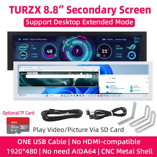 TURZX 8,8 pulgadas USB pantalla secundaria tipo C pantalla extendida de escritorio tarjeta TF reproducción 1920*480 IPS LCD CPU RAM GPU Monitor NO AIDA64