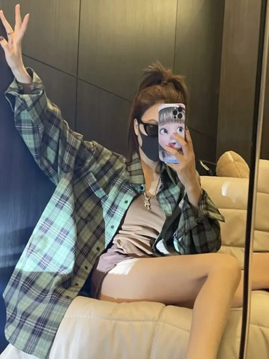 

Women's een Plaid Long Sve Collar Open Cardigan Casual Loose Top Sun Protection Outerwear Early Spring New Sle