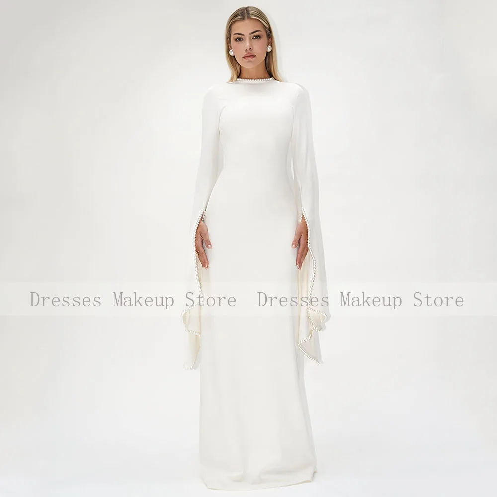 فستان سهرة متواضع لؤلؤي رقبة دائرية وأكمام طويلة على شكل حرف A فساتين سهرة عصرية للنساء بطول الأرض فساتين زفاف عاجية للضيوف #3