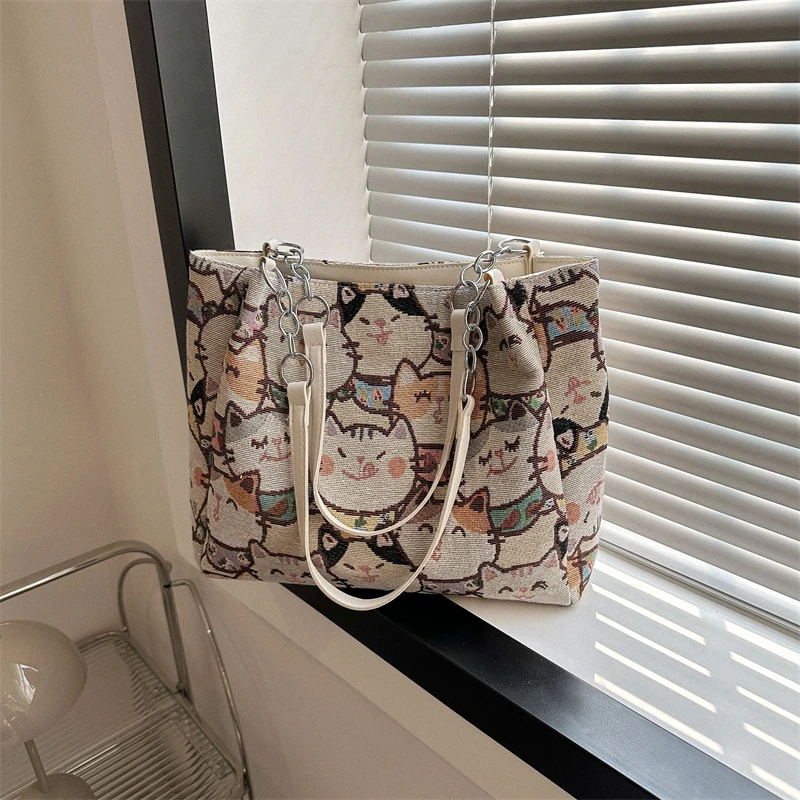 High-capacity Y2k Harajuku Underarm Bag Streetwear All Match Fashion Tote Bags Cartoon Kawaii Cat Print Women Shoulder Handbags