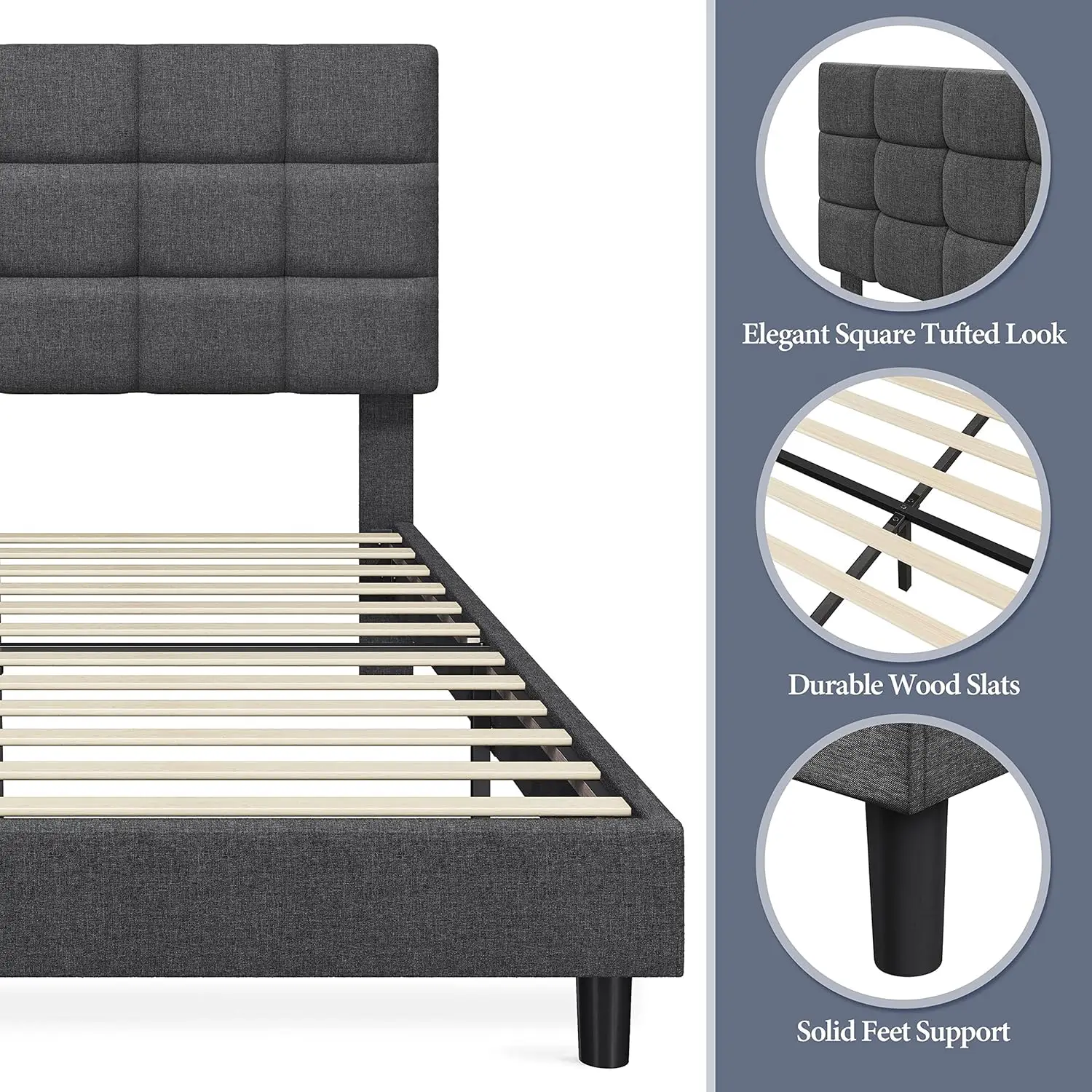 Zacht Gewatteerd Bedframe, Platform Bedframe Met Verstelbaar Hoofdeinde, Stevige Houten Steun, Geen Boxsprings Nodig, Donkergrijs