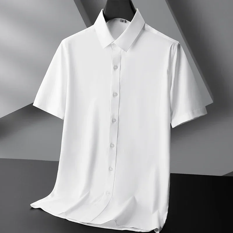 

Men's Bamboo Fiber Short Sleeve Shirt Plus Size Summer Thin Solid Color Business Casual Blouse Luxury Dress Clothing 7XL 8XL 9XL