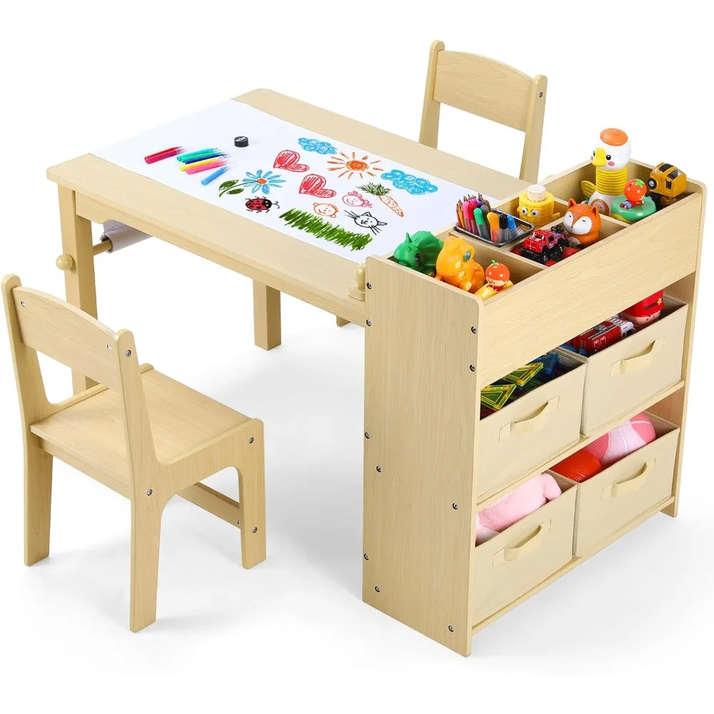 Kids Art Table and 2 Chairs, Toddler Craft Drawing Desk with Large Storage Shelves, 4 Storage Bins and Paper Roll