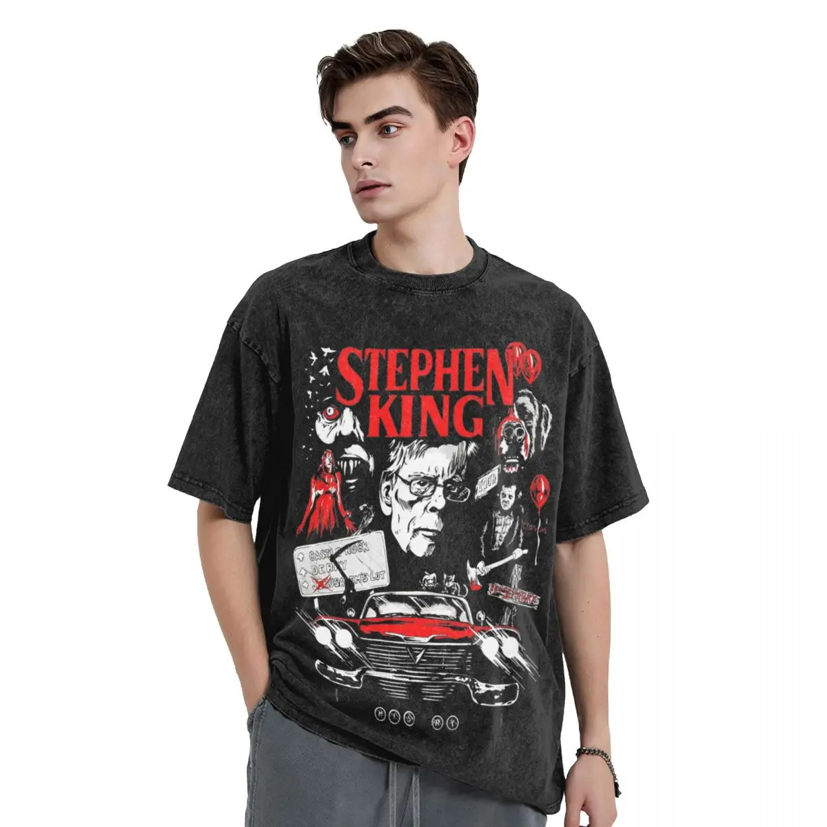 The King T Shirts Hip Hop Washed Short Sleeve Street T-Shirts Stephen King for Men Women Tops Graphic Printed Tee Shirt