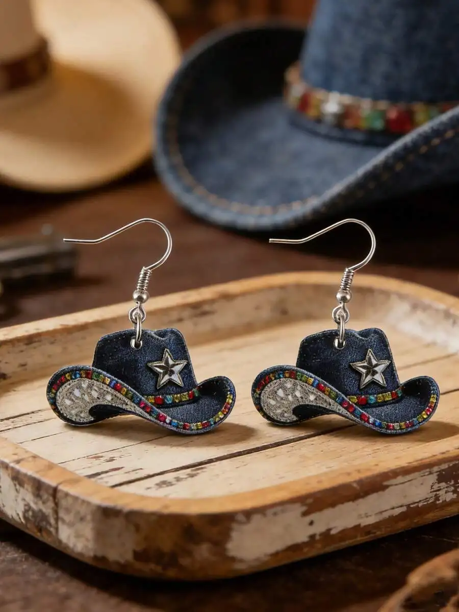 

Retro Western Cowgirl Hat Dangle Earrings For Women Summer Beach Vacation Accessory
