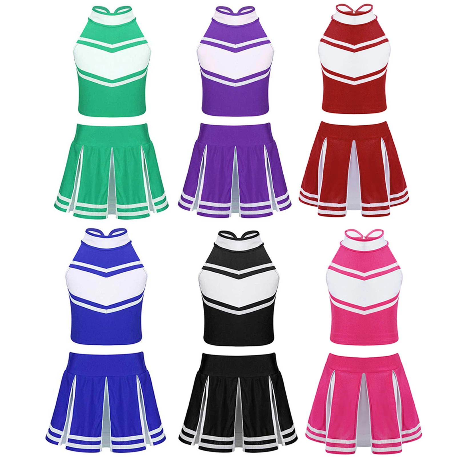 

Kids Girls Cheerleading Costume Cheerleader Outfit Sleeveless Zippered Tops with Pleated Skirt School Stage Performance Clothes