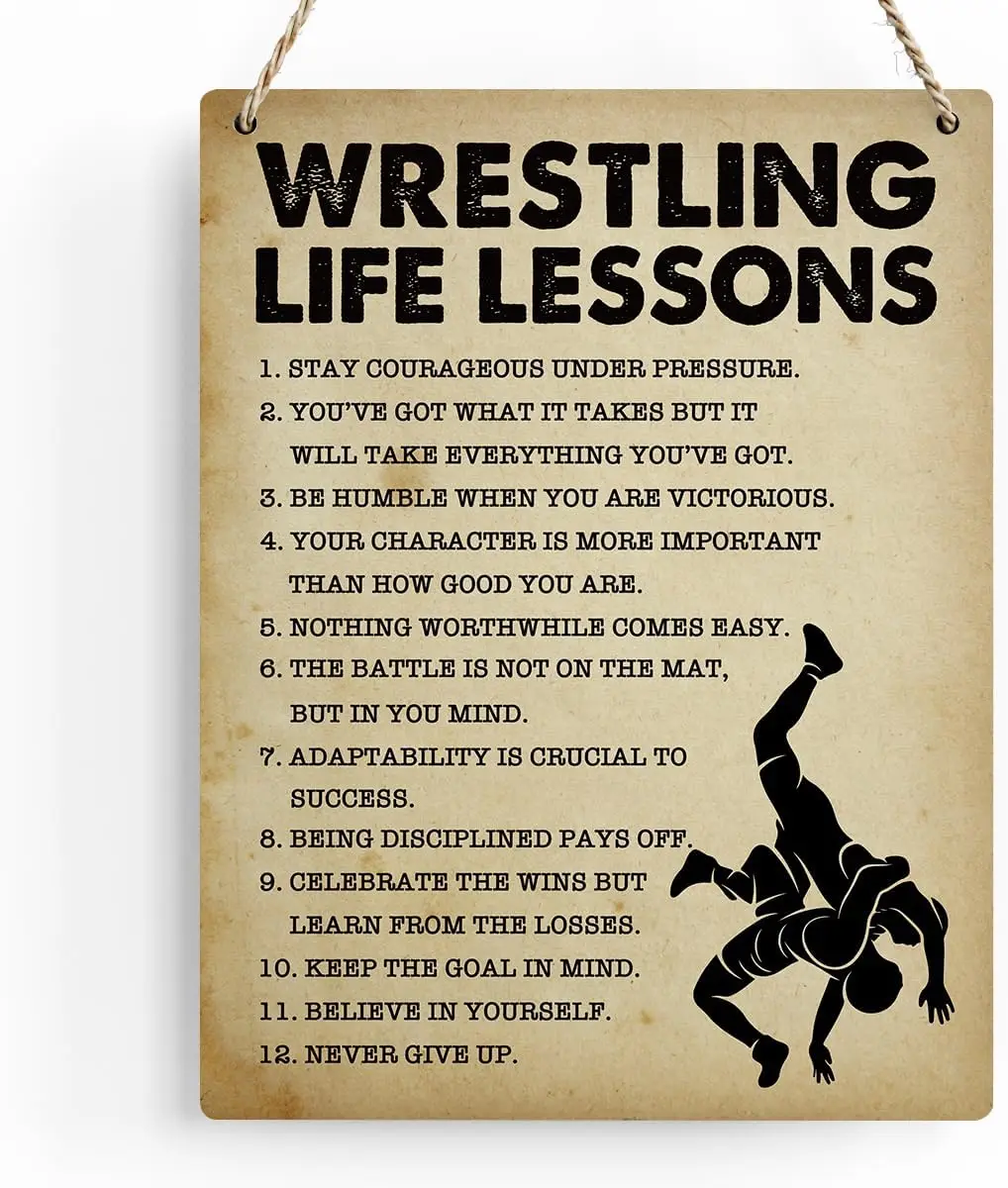 Wrestling Life Lessons Wood Sign Inspirational Wall Decor Art, Motivational Quotes Art Signs for Home Office Bedroom Decoration,