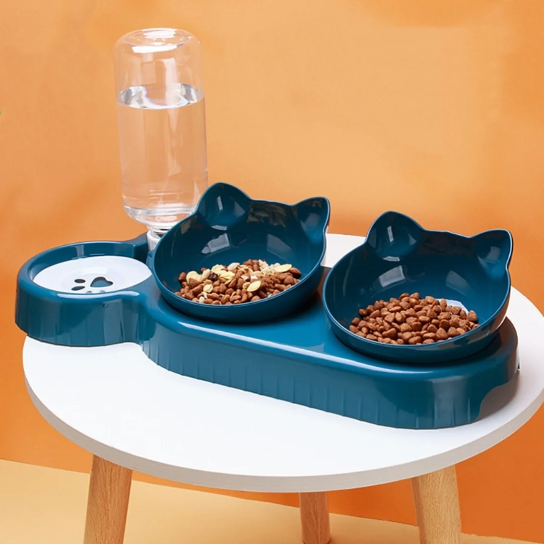 Triple Cat Bowls 15°Tilt 3-in-1 Water Feeder Bowls Cat Double Food Bowls with Automatic Water Bottle Bowl Cat  Feeding Dishes