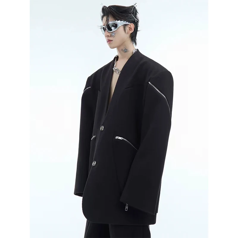 Men's Personalized Korean Style Zipper Decoration Suit Jacket Spring Autumn Fashion Blazer for Stage Performance
