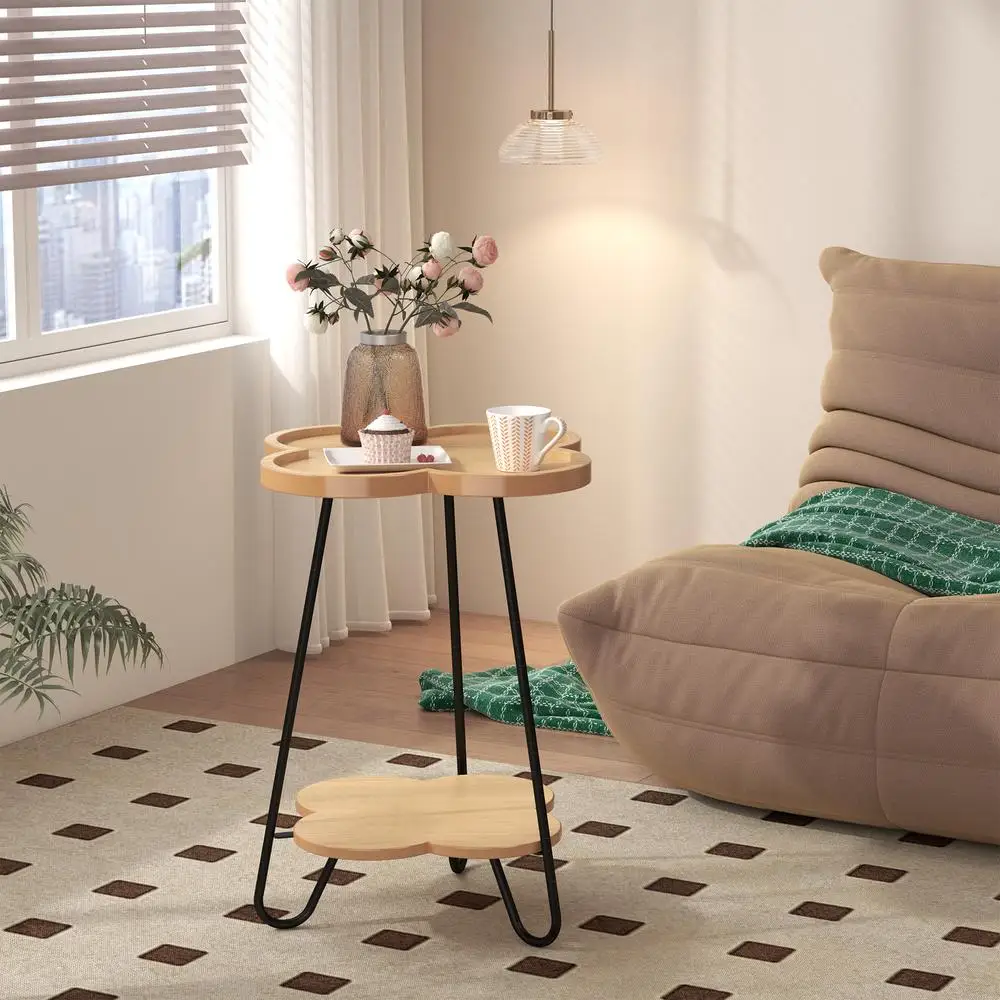Meja Samping Bentuk Kelopak dengan Permukaan Kayu Bulat, Rangka Logam, Meja Aksen Modern dengan Rak Penyimpanan Dua Lapis