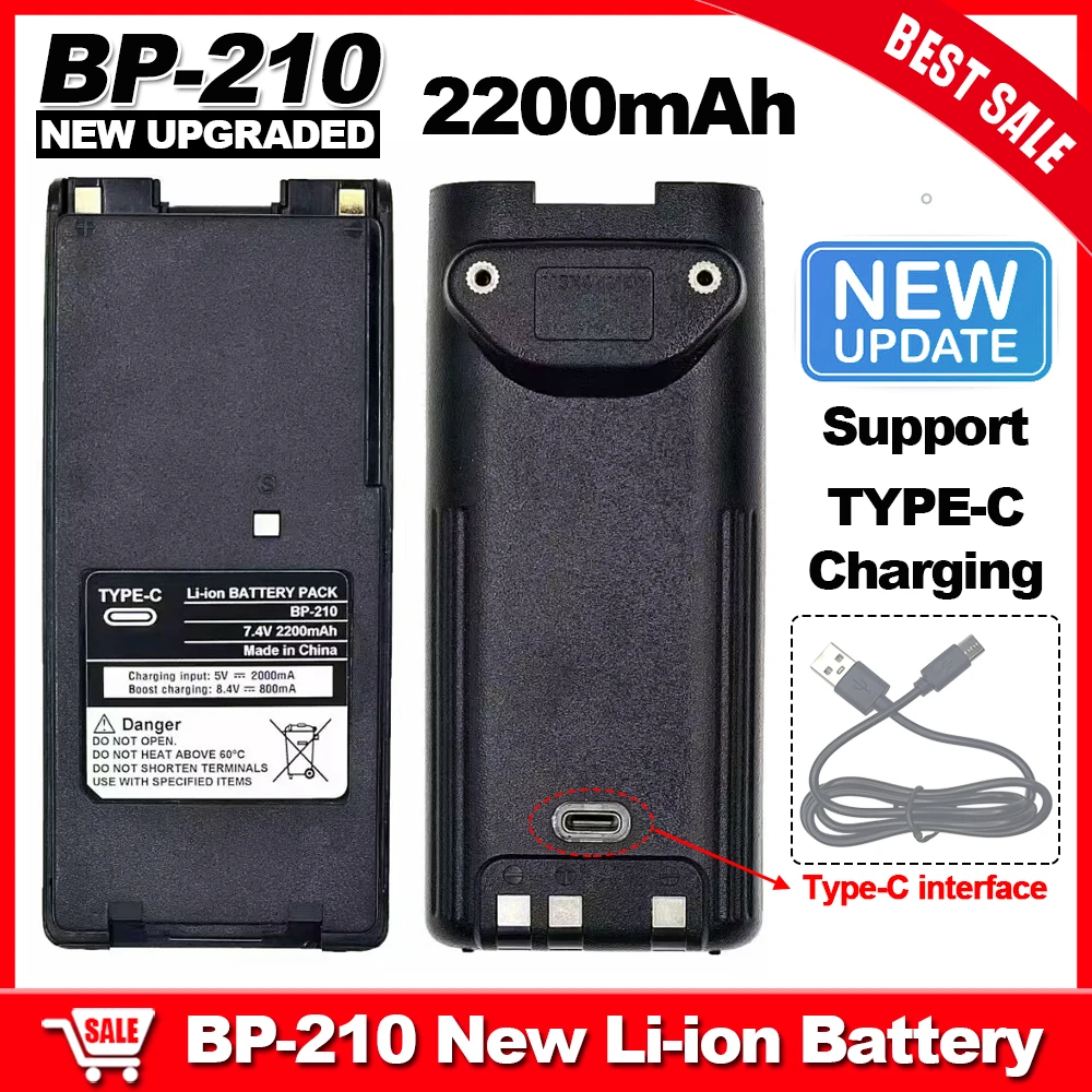 New Upgraded BP-210 Li-ion Battery 2200mAh Support Type-C Charging For Walkie Talkie ICOM IC-F11 IC-F21 IC-V8 IC-A6 IC-A24 Radio