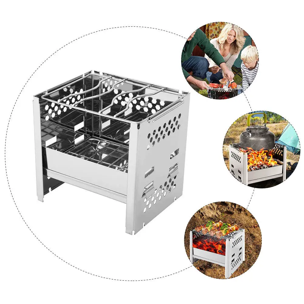 1Pcs Outdoor Barbecue Grill Stainless Steel Multi-Functional Bbq Stove Portable Camping Cooking Stove Windshield Charcoal Rack