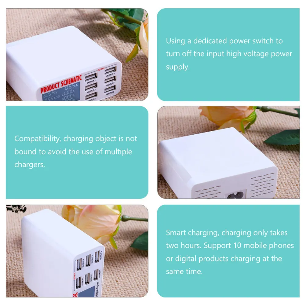 6 Ports USB Power Adapter Premium Multi-Device Charging Station Smart 2-Hour Fast Charge Built-in Safety Modules Overcurrent