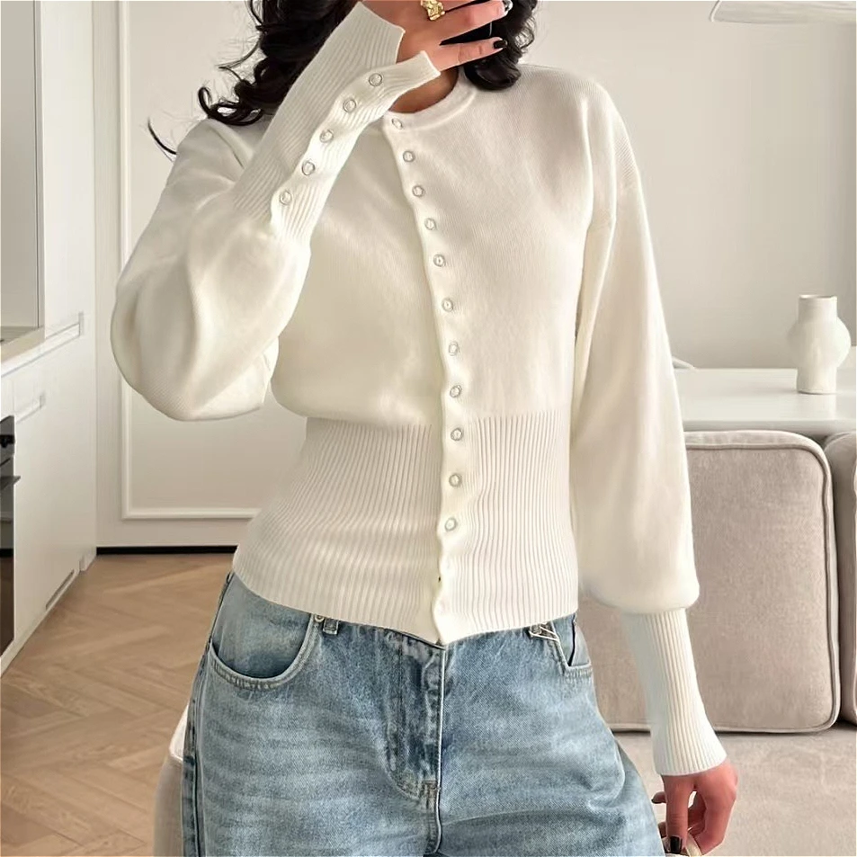

Women Knitted Cardigan Sweaters Solid Short Jumpers Round Neck Long Sleeves Single Breasted Empire Waist Slim 2026 Autumn Winter