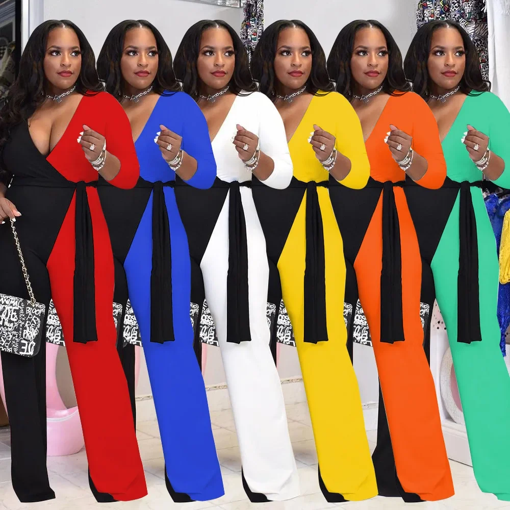 

Women's Large Size New Slim-fitting Lace-up Patchwork, Sexy Solid-color Double-parcel Straight-leg Jumpsuit Plus Size 9XL 8XL