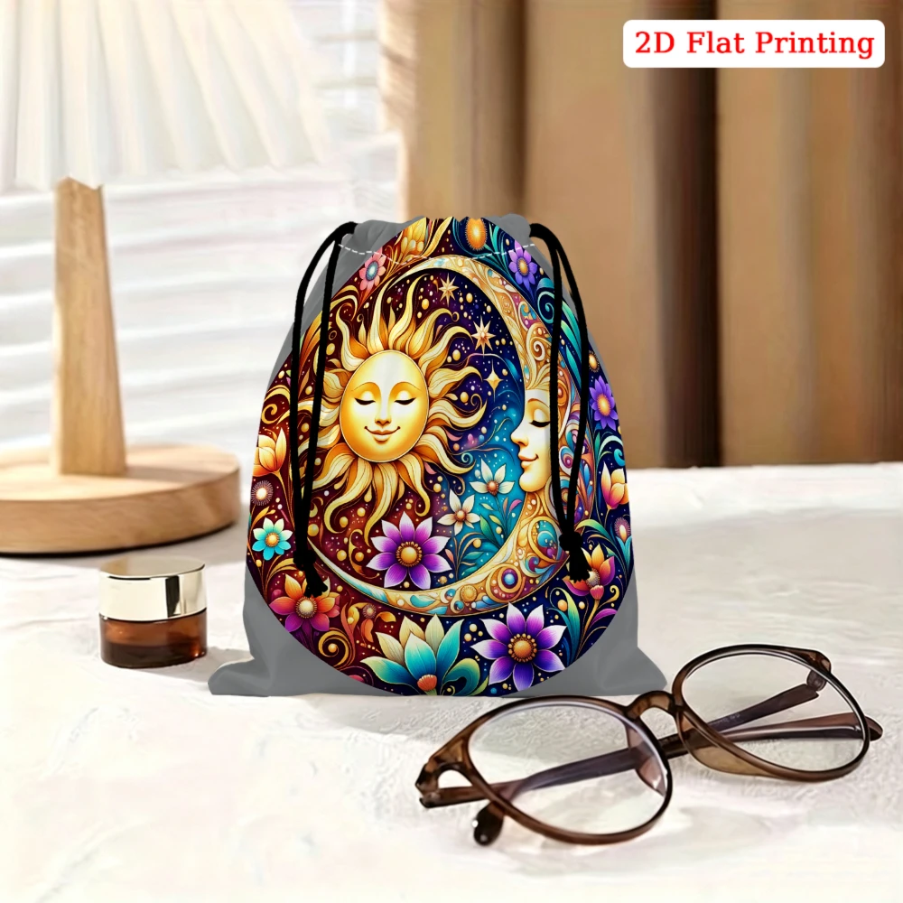 1Pc Colorful Sun Moon Floral Print Drawstring Bag Multicolor Storage Small Pouch For Travel Gym Sports Accessories Organizer Uni