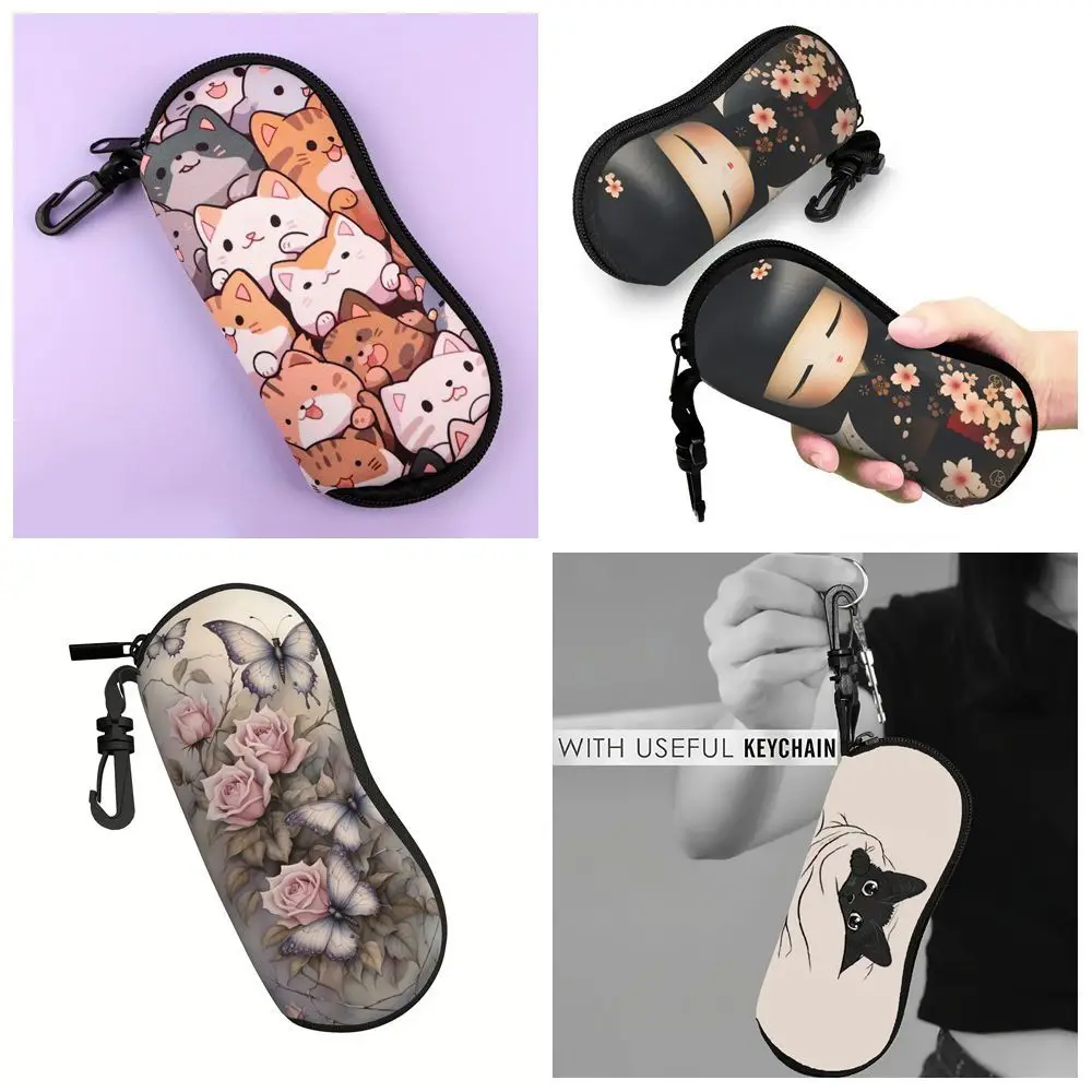 Nylon Sunglasses Storage Bag Solid Color with Keyring Hanging Sunglasses Cat Pattern Portable SunGlasses Holder