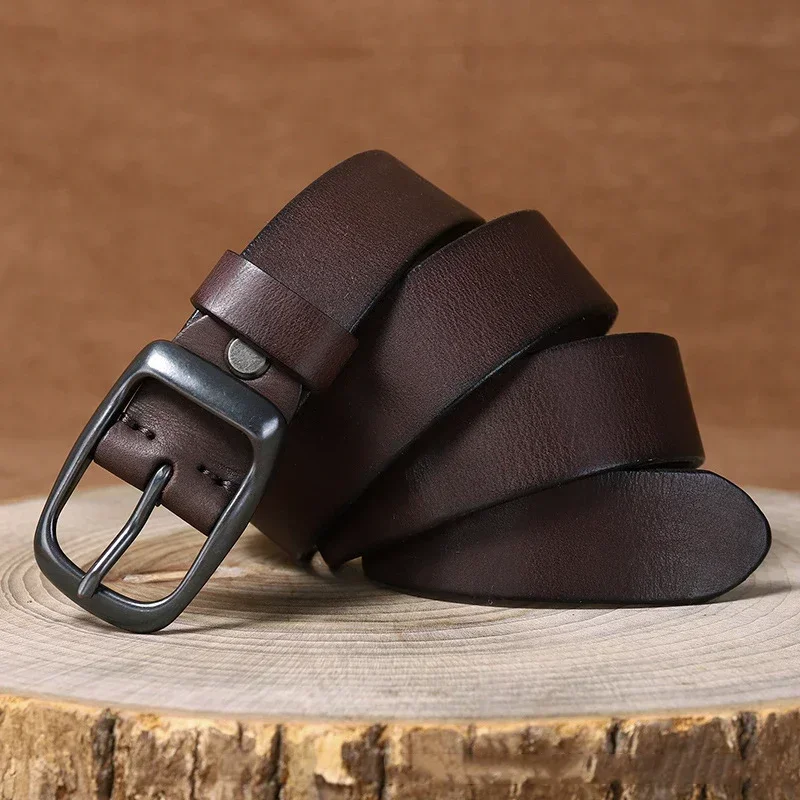 Ceintures en cuir véritable de vache pur pour hommes, 3.3CM, haute qualité, avec boucle en laiton, Cowboy, styliste de mode