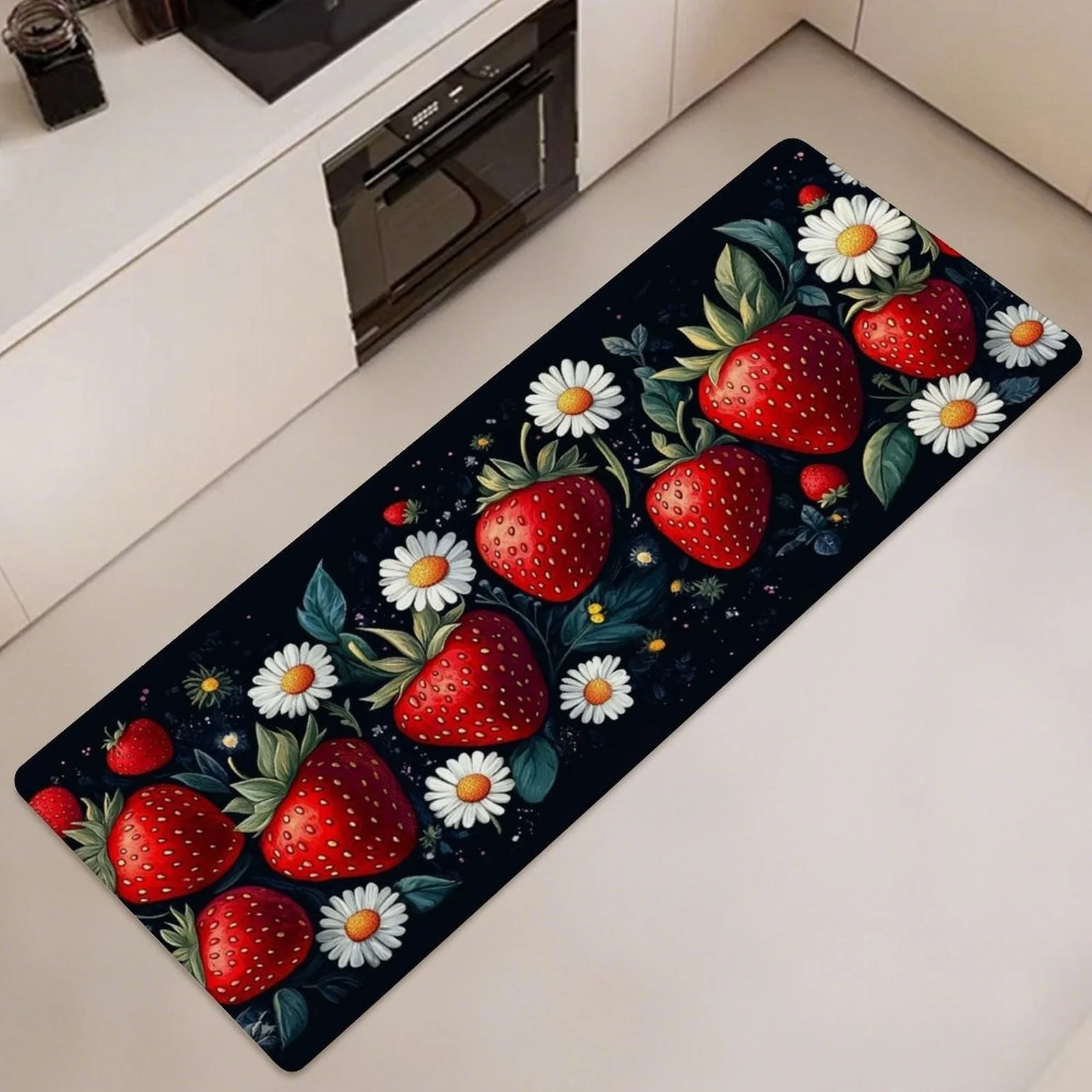 Solid Dark Base Colorful Strawberry Daisy Floral Long Runner Rug, washable carpet, rustic fruit decor for kitchen floor space