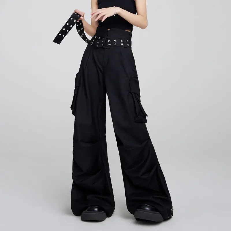 

2024 black workwear pants for women's summer American retro straight leg loose design, wide leg pants, casual pants