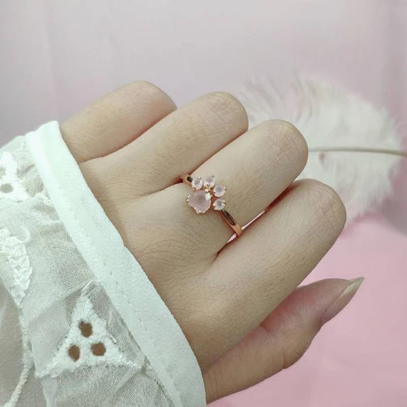 LAMOON Sterling Silver 925 Jewelry Rings For Women Pink Paw Rose Quartz Ring Rose Gold / White Gold Platd Gemstones Jewellery