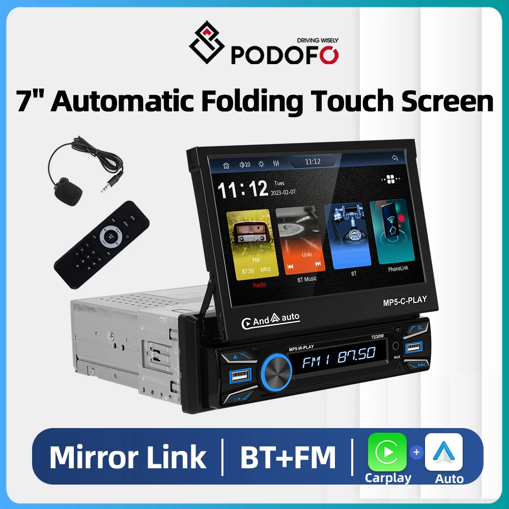 

Podofo 1Din Car Radio CarPlay Multimedia Video Player 7" Retractable Screen Universal FM Radio Receiver Auto Audio Stereo