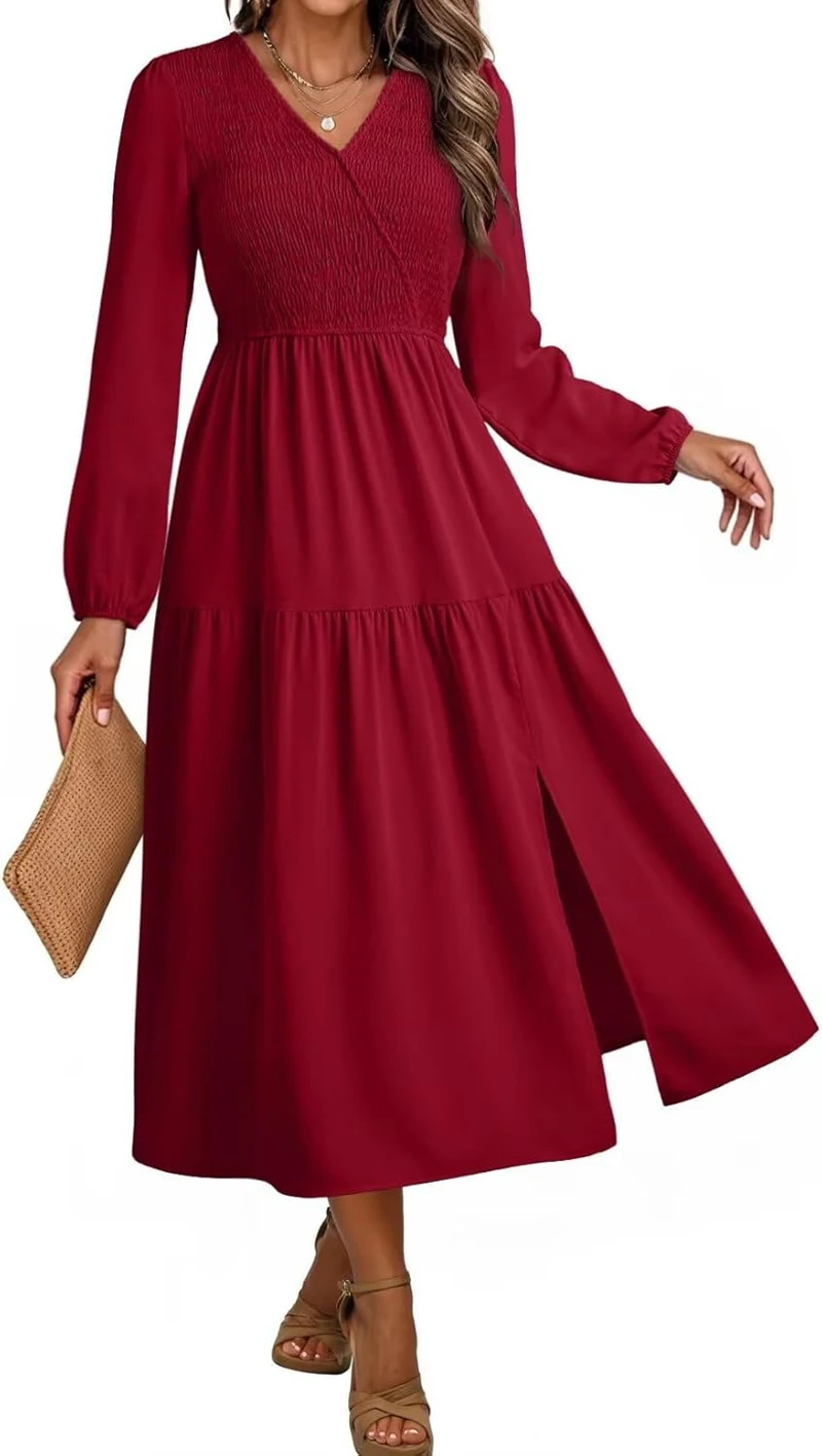 SxerxeS Fall Dresses for Women 2025 Long Sleeve V Neck Smocked Empire Waist Ruffle Tiered Casual Split Maxi Dress