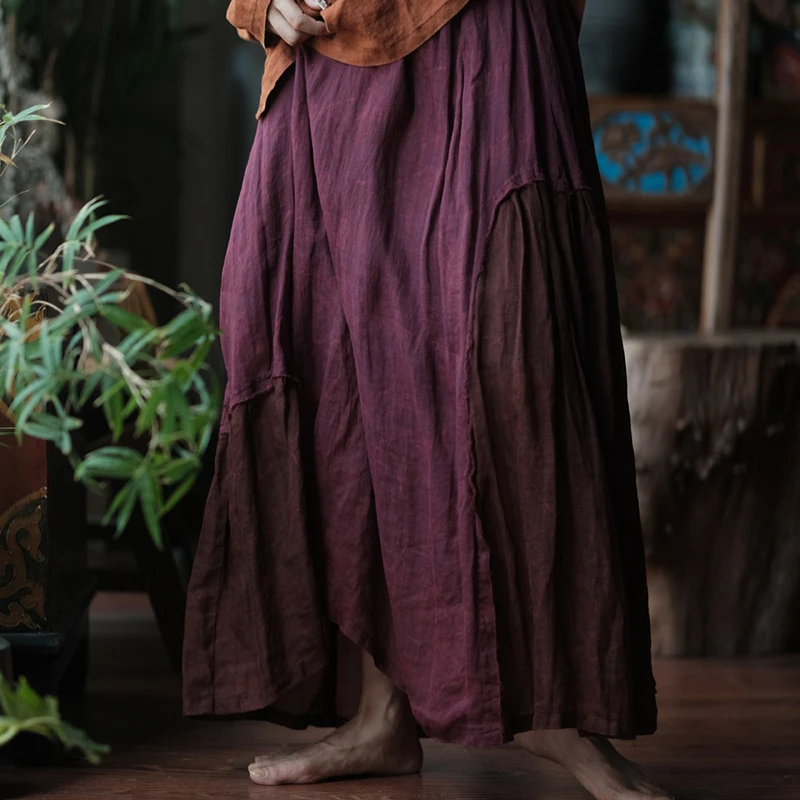 

100% женская повседневная длинная юбка Ramie, новинка 2025 года, осень, винтажный стиль, лоскутный цвет, свободные удобные женские юбки трапециевидной формы M1910