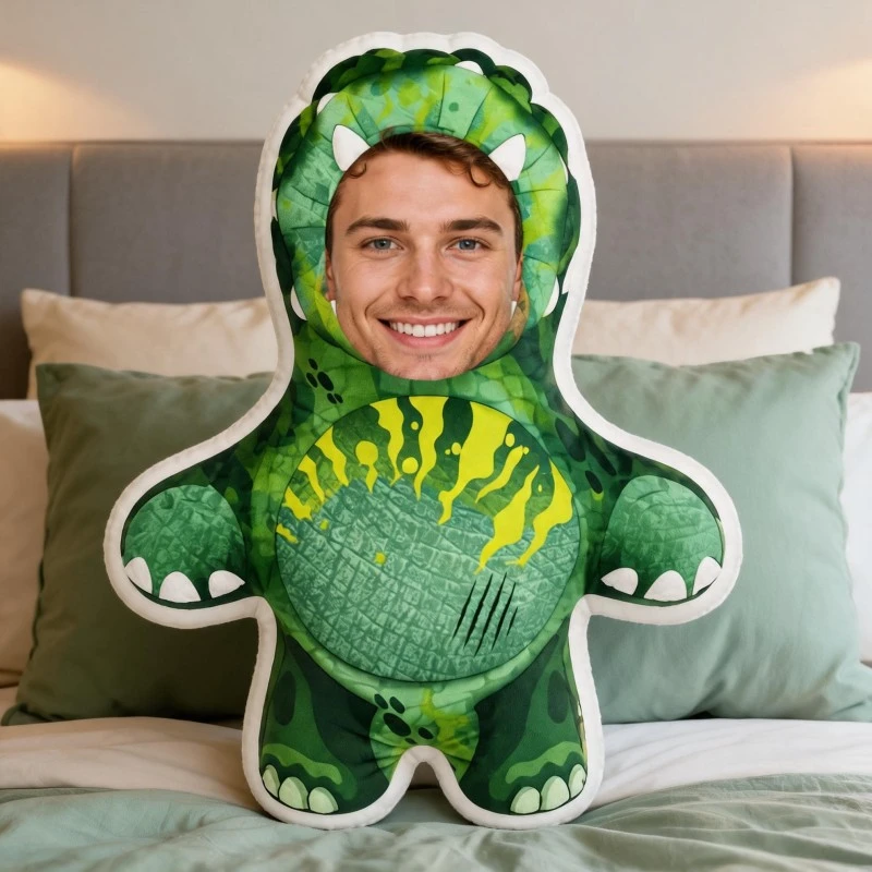 Custom Face Funny Dinosaur Costume Shaped Pillow, Personalized Photo Decorative Cushion with Smiling for Man, Unique Home Decor