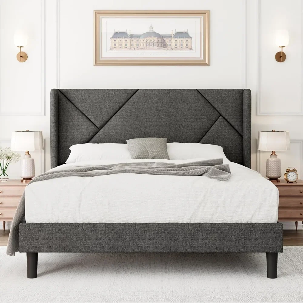 Queen Mordern Bedframe Met Wingback, Minimalistisch Gestoffeerd Plateaubed, 8 "Opslagruimte, Geen Boxspring Nodig, Eenvoudige Montage