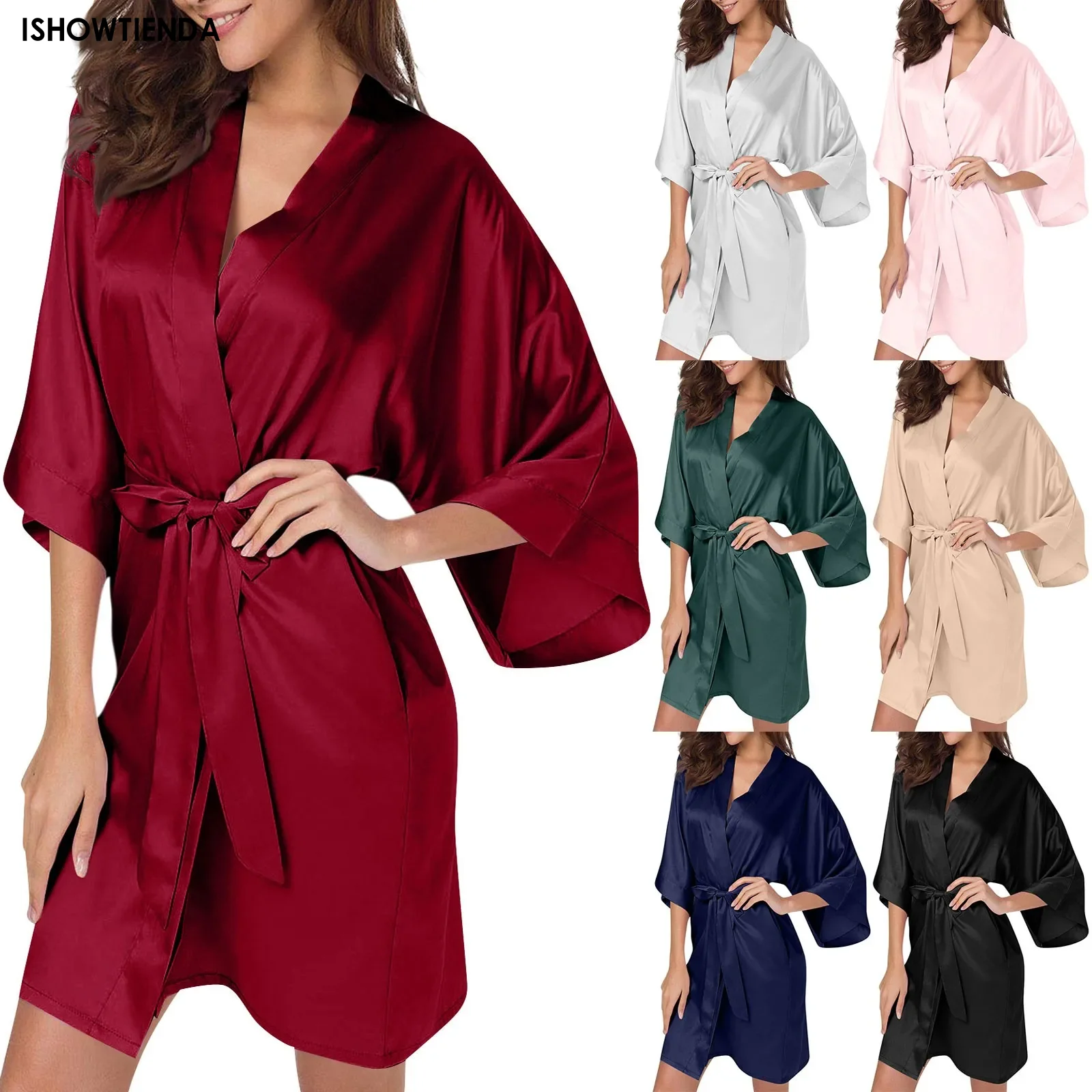 Robes Sexy Seven Points Flared Sleeve Solid With Belt Simulation Silk Nightgown Women's Cardigan Simulation Silk Satin Fashion