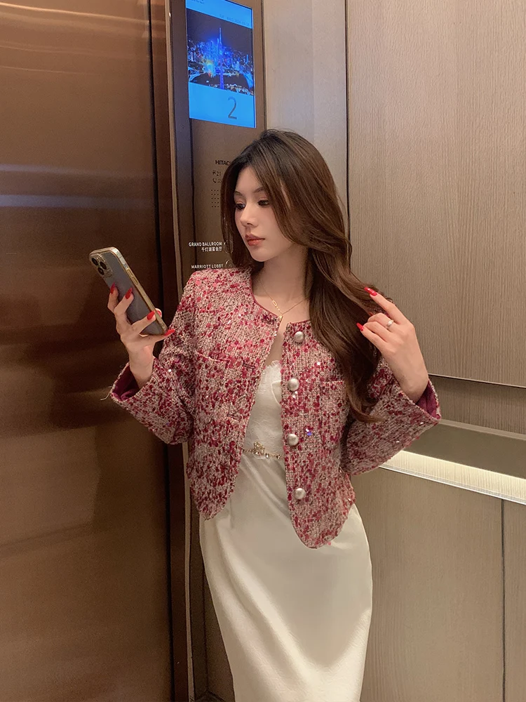 

Autumn Winter ort Coat Women's Ele Lady High-End Feeling Glitter ort Cardigan Top Fem Thiened Woolen Cheered S...