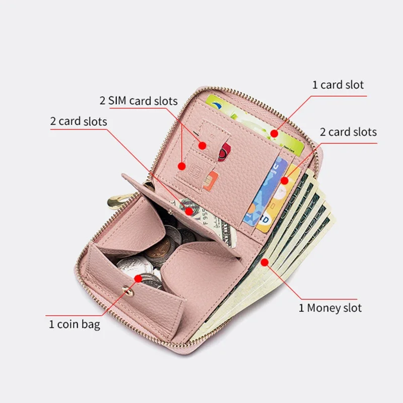 Cartera RFID para mujer, cartera corta multifunción, plegable de cuero genuino y bolsillo para monedas con protección de viaje antirrobo